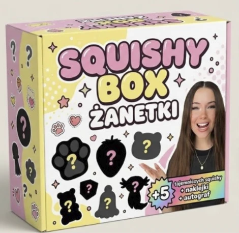 Pudełko Squishy Box Żanetki: różowo-żółte, z&nbsp;czarnymi sylwetkami gniotków ze znakami zapytania i&nbsp;zdjęciem Żanetki